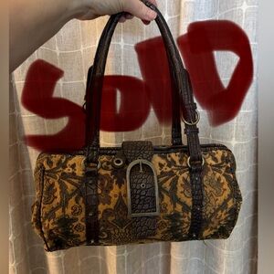 Vintage 90s Tapestry Shoulder Bag with Croc-Effect Trim in Brown